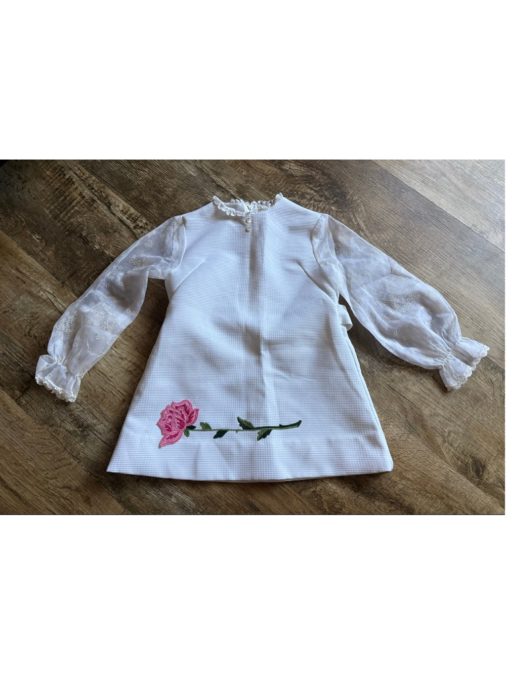 Vintage Ruth of Carolina White Dress Sheer Sleeves Pink Rose Size 6